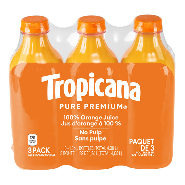 Tropicana Pure Premium 100% Orange Juice, No Pulp, 3 × 1.36 L
